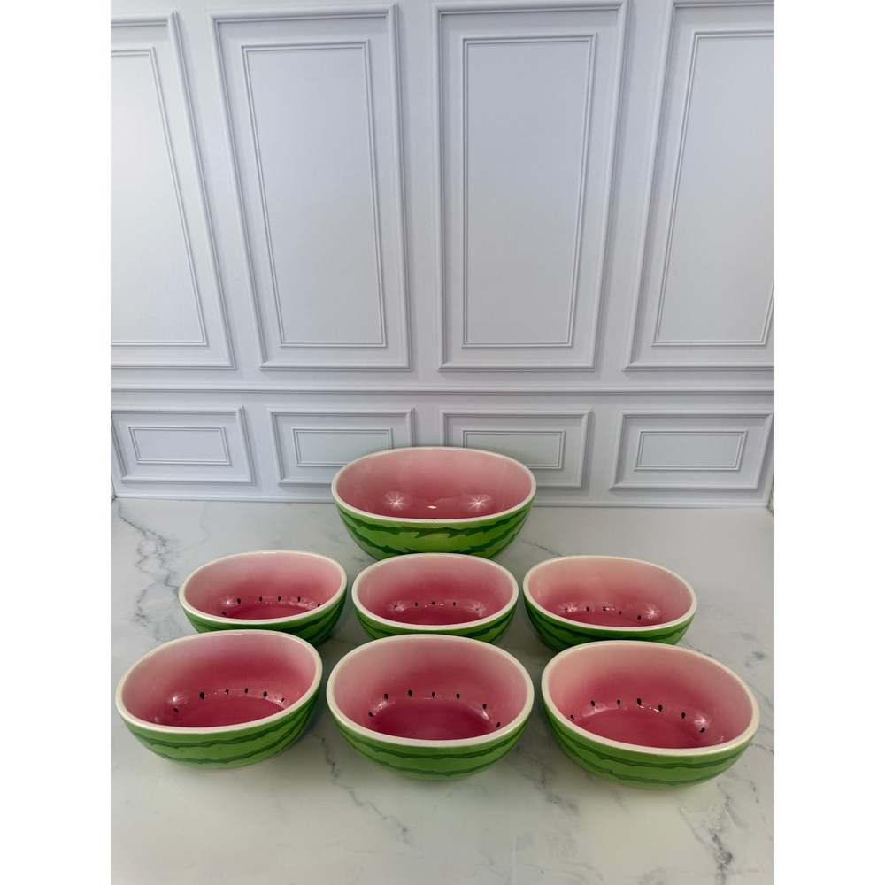 VTG Pier 1 Imports Watermelon Serving Bowl + 6 Small Bowls~RARE 7 piece Set!!